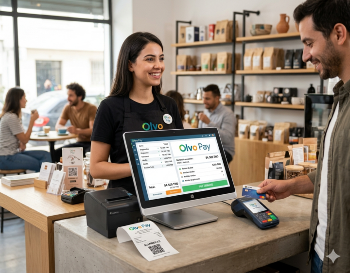 Caissière utilisant le logiciel de caisse Olvo Pay dans un café en Tunisie pour un paiement par carte bancaire. Affichage du tableau de bord POS sur écran tactile