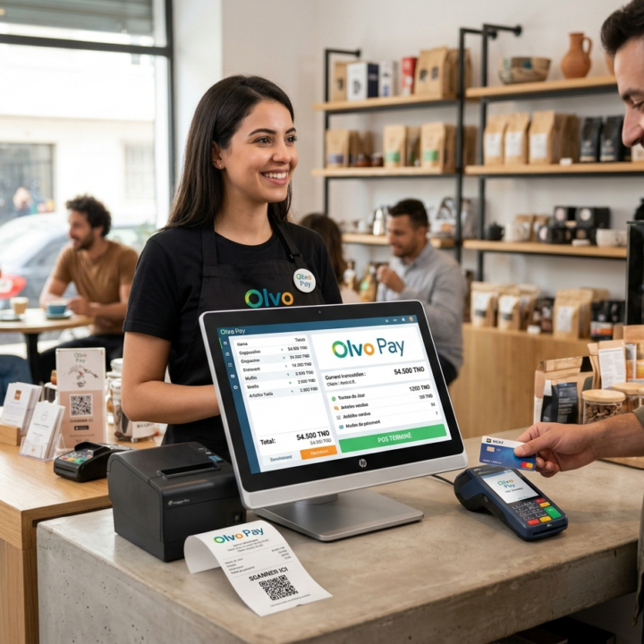 Caissière utilisant le logiciel de caisse Olvo Pay dans un café en Tunisie pour un paiement par carte bancaire. Affichage du tableau de bord POS sur écran tactile
