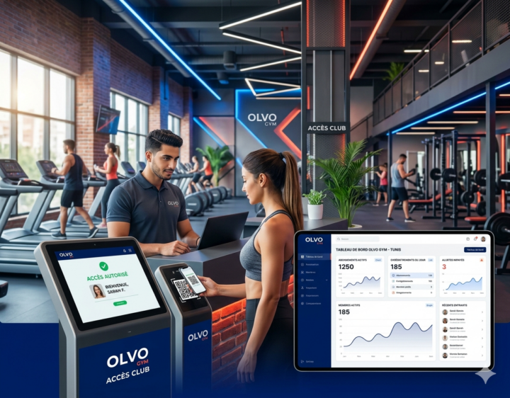 Une cliente utilise un QR code pour le contrôle d'accès Olvo Gym à l'entrée d'une salle de sport moderne en Tunisie, avec tableau de bord de gestion en superposition.