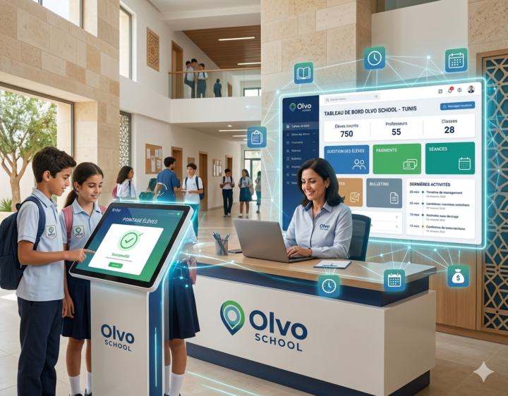 Une administratrice utilise le logiciel Olvo School à l'accueil d'une école moderne en Tunisie. Des élèves utilisent une borne de pointage numérique