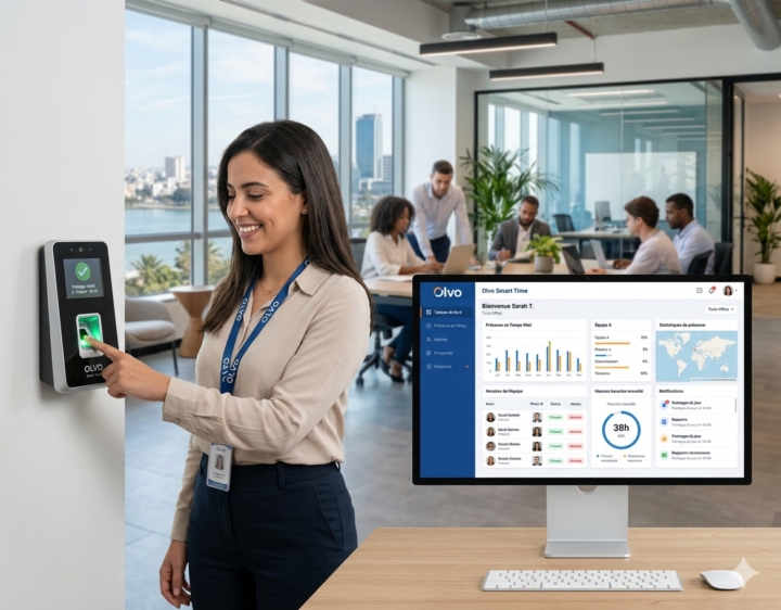 Logiciel de pointage Olvo Smart Time en Tunisie avec interface de gestion des présences et contrôle d’accès biométrique