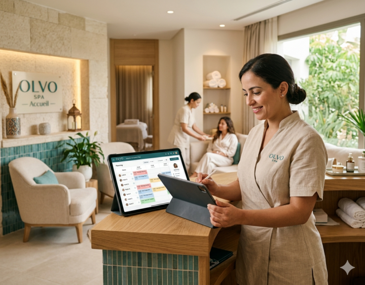 Interface du logiciel Olvo Spa sur tablette à la réception d'un centre de bien-être, pour une gestion moderne et organisée des rendez-vous