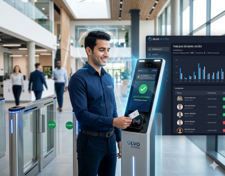 Employé utilisant la borne Olvo Access avec reconnaissance faciale et badge RFID à l'entrée d'une entreprise en Tunisie, affichant le tableau de bord SaaS de gestion