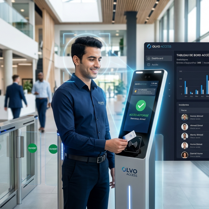 Employé utilisant la borne Olvo Access avec reconnaissance faciale et badge RFID à l'entrée d'une entreprise en Tunisie, affichant le tableau de bord SaaS de gestion