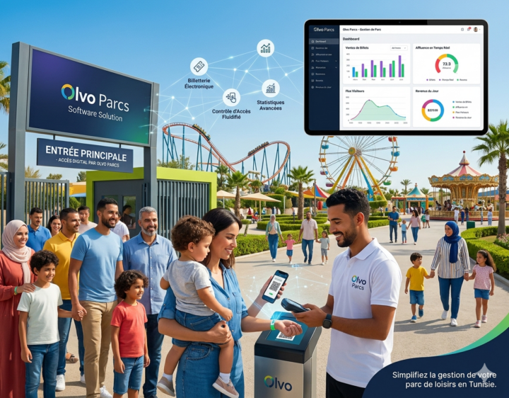 Logiciel Olvo Parcs : système de billetterie et contrôle d'accès numérique avec dashboard pour parc d'attractions en Tunisie