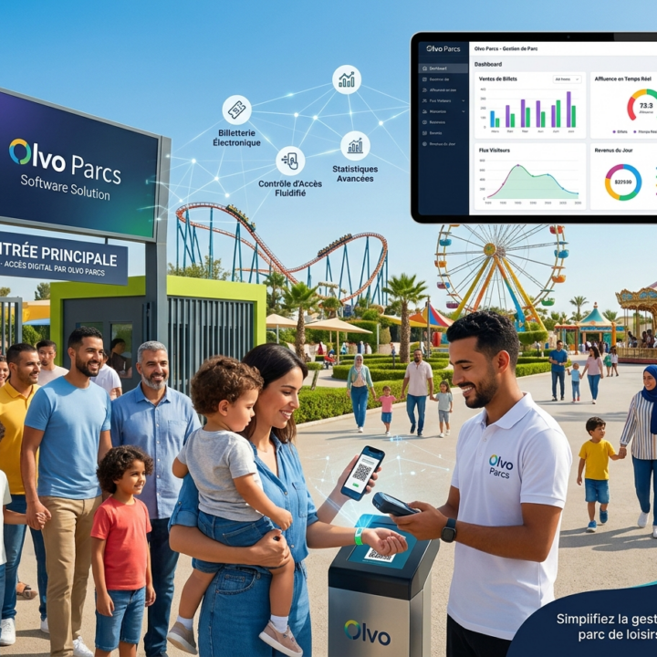 Logiciel Olvo Parcs : système de billetterie et contrôle d'accès numérique avec dashboard pour parc d'attractions en Tunisie