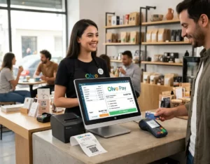 Caissière utilisant le logiciel de caisse Olvo Pay dans un café en Tunisie pour un paiement par carte bancaire. Affichage du tableau de bord POS sur écran tactile