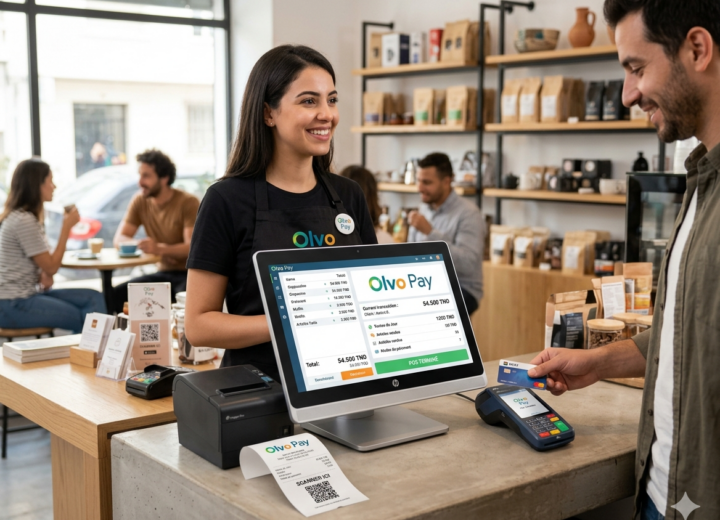 Caissière utilisant le logiciel de caisse Olvo Pay dans un café en Tunisie pour un paiement par carte bancaire. Affichage du tableau de bord POS sur écran tactile