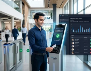 Employé utilisant la borne Olvo Access avec reconnaissance faciale et badge RFID à l'entrée d'une entreprise en Tunisie, affichant le tableau de bord SaaS de gestion