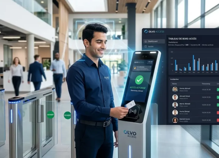 Employé utilisant la borne Olvo Access avec reconnaissance faciale et badge RFID à l'entrée d'une entreprise en Tunisie, affichant le tableau de bord SaaS de gestion