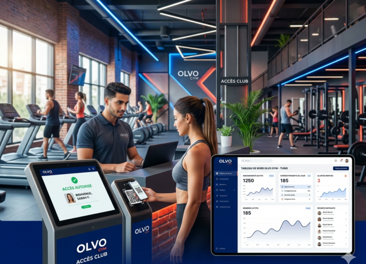 Une cliente utilise un QR code pour le contrôle d'accès Olvo Gym à l'entrée d'une salle de sport moderne en Tunisie, avec tableau de bord de gestion en superposition.