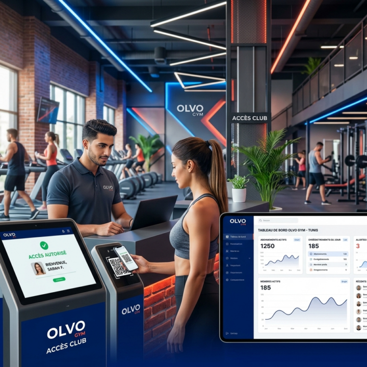 Une cliente utilise un QR code pour le contrôle d'accès Olvo Gym à l'entrée d'une salle de sport moderne en Tunisie, avec tableau de bord de gestion en superposition.