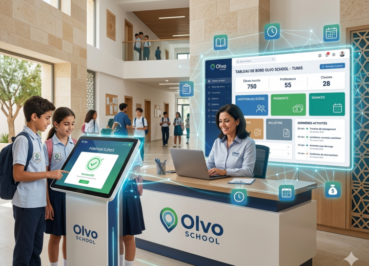 Une administratrice utilise le logiciel Olvo School à l'accueil d'une école moderne en Tunisie. Des élèves utilisent une borne de pointage numérique