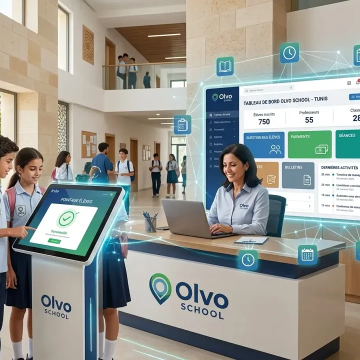Une administratrice utilise le logiciel Olvo School à l'accueil d'une école moderne en Tunisie. Des élèves utilisent une borne de pointage numérique
