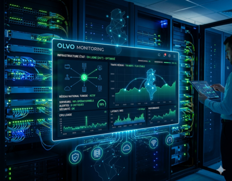 Photographie professionnelle d'une salle de serveurs d'entreprise avec un dashboard holographique affichant le logiciel Olvo Monitoring en temps réel. L'interface montre des graphiques de performance, l'état de l'infrastructure réseau en Tunisie (avec une carte du pays), le trafic et les alertes de sécurité (0 critiques). Un ingénieur IT utilise une tablette à droite. Style high-tech en bleu et vert.