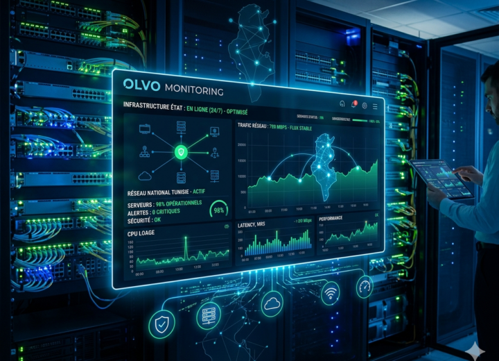 Photographie professionnelle d'une salle de serveurs d'entreprise avec un dashboard holographique affichant le logiciel Olvo Monitoring en temps réel. L'interface montre des graphiques de performance, l'état de l'infrastructure réseau en Tunisie (avec une carte du pays), le trafic et les alertes de sécurité (0 critiques). Un ingénieur IT utilise une tablette à droite. Style high-tech en bleu et vert.
