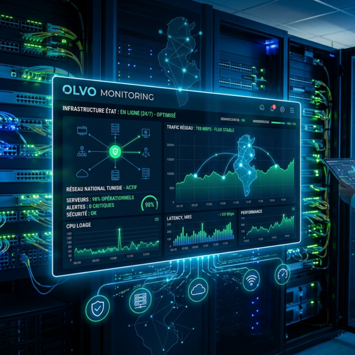 Photographie professionnelle d'une salle de serveurs d'entreprise avec un dashboard holographique affichant le logiciel Olvo Monitoring en temps réel. L'interface montre des graphiques de performance, l'état de l'infrastructure réseau en Tunisie (avec une carte du pays), le trafic et les alertes de sécurité (0 critiques). Un ingénieur IT utilise une tablette à droite. Style high-tech en bleu et vert.
