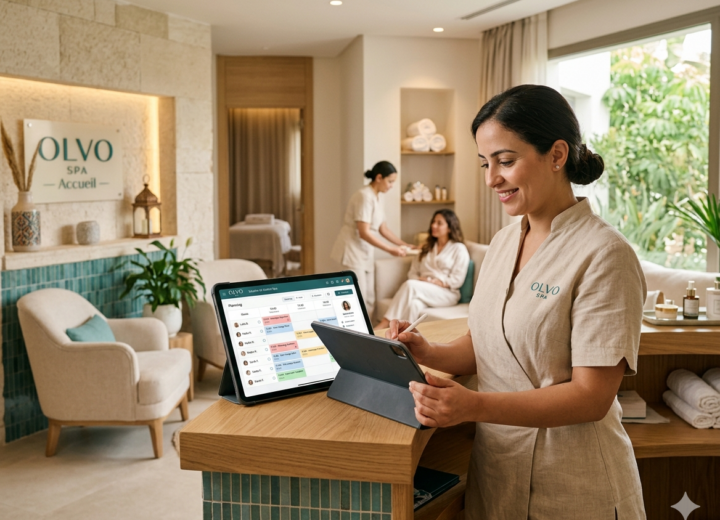 Interface du logiciel Olvo Spa sur tablette à la réception d'un centre de bien-être, pour une gestion moderne et organisée des rendez-vous