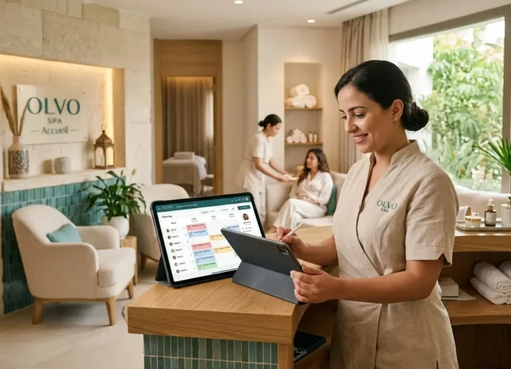 Interface du logiciel Olvo Spa sur tablette à la réception d'un centre de bien-être, pour une gestion moderne et organisée des rendez-vous