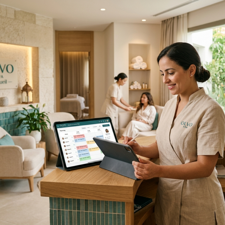Interface du logiciel Olvo Spa sur tablette à la réception d'un centre de bien-être, pour une gestion moderne et organisée des rendez-vous