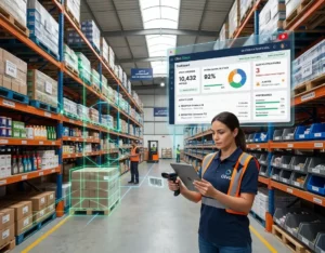 Photographie professionnelle dans un entrepôt organisé avec une employée utilisant Olvo Stock sur tablette. Un dashboard holographique affiche la gestion des stocks en temps réel pour une entreprise en Tunisie. Style moderne et logistique.