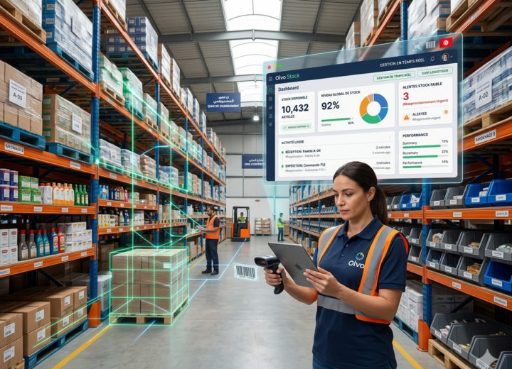 Photographie professionnelle dans un entrepôt organisé avec une employée utilisant Olvo Stock sur tablette. Un dashboard holographique affiche la gestion des stocks en temps réel pour une entreprise en Tunisie. Style moderne et logistique.