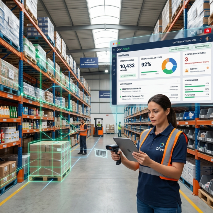 Photographie professionnelle dans un entrepôt organisé avec une employée utilisant Olvo Stock sur tablette. Un dashboard holographique affiche la gestion des stocks en temps réel pour une entreprise en Tunisie. Style moderne et logistique.