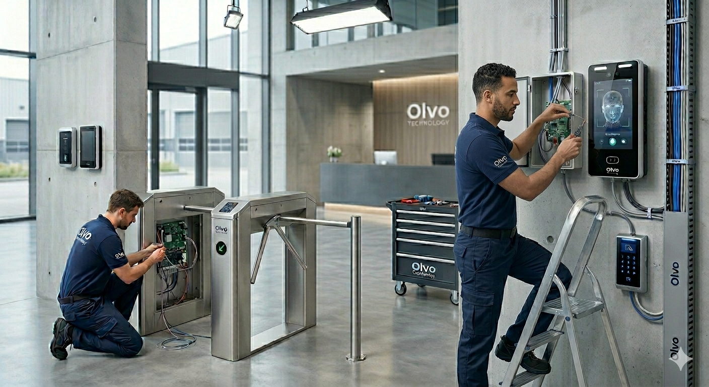 Installation d'un système de contrôle d'accès et pointeuse faciale par l'équipe technique de Olvo Technology en Tunisie.