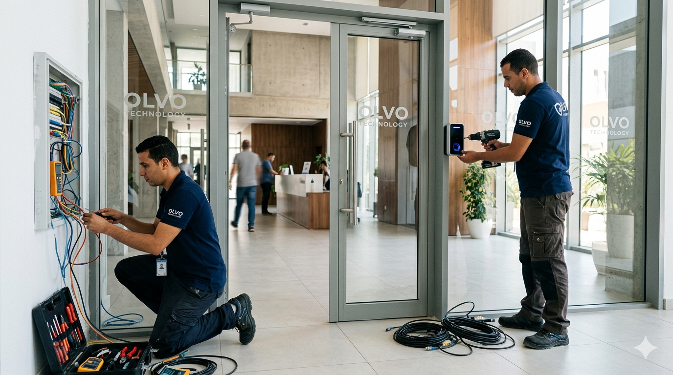 Techniciens Olvo Technology installant un système de contrôle d'accès et de pointage dans un bureau en Tunisie.