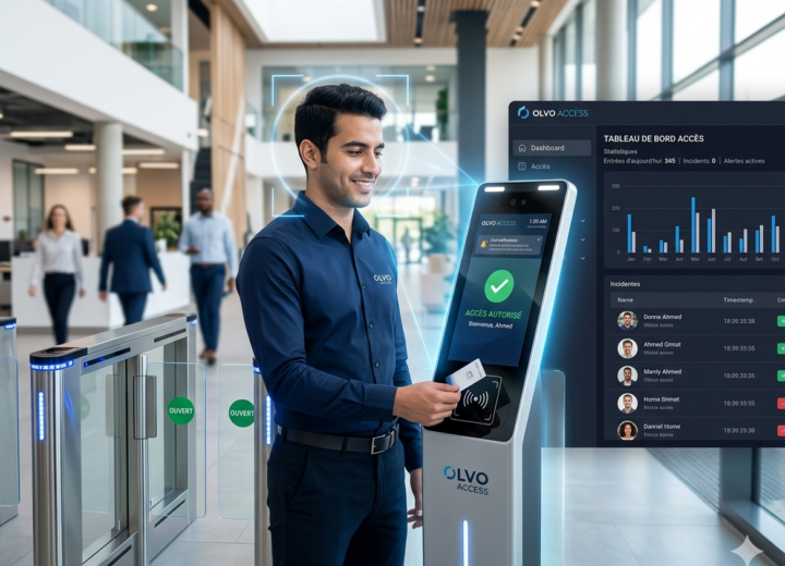 Employé utilisant la borne Olvo Access avec reconnaissance faciale et badge RFID à l'entrée d'une entreprise en Tunisie, affichant le tableau de bord SaaS de gestion